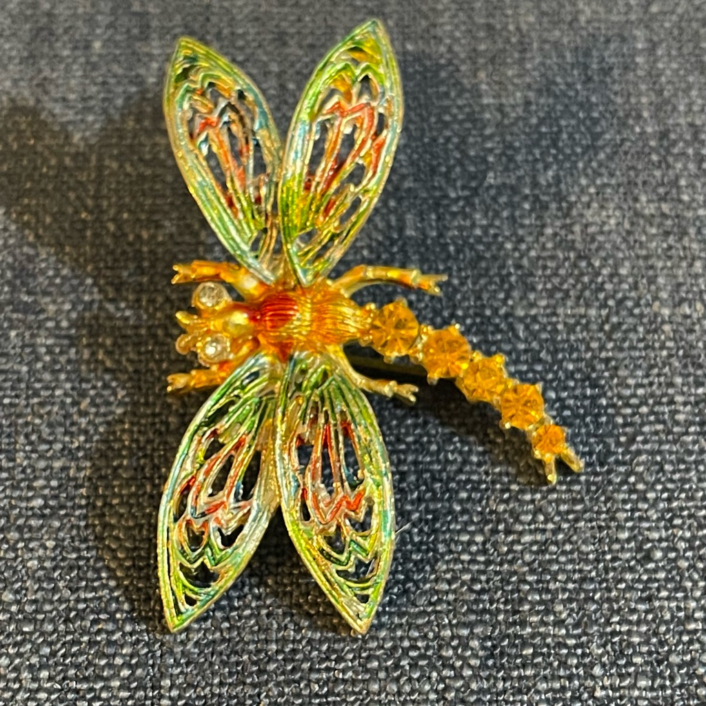 Vintage Art Dragonfly Brooch. Painted W/ Rhinestone Tail And Eyes. Gold Tone